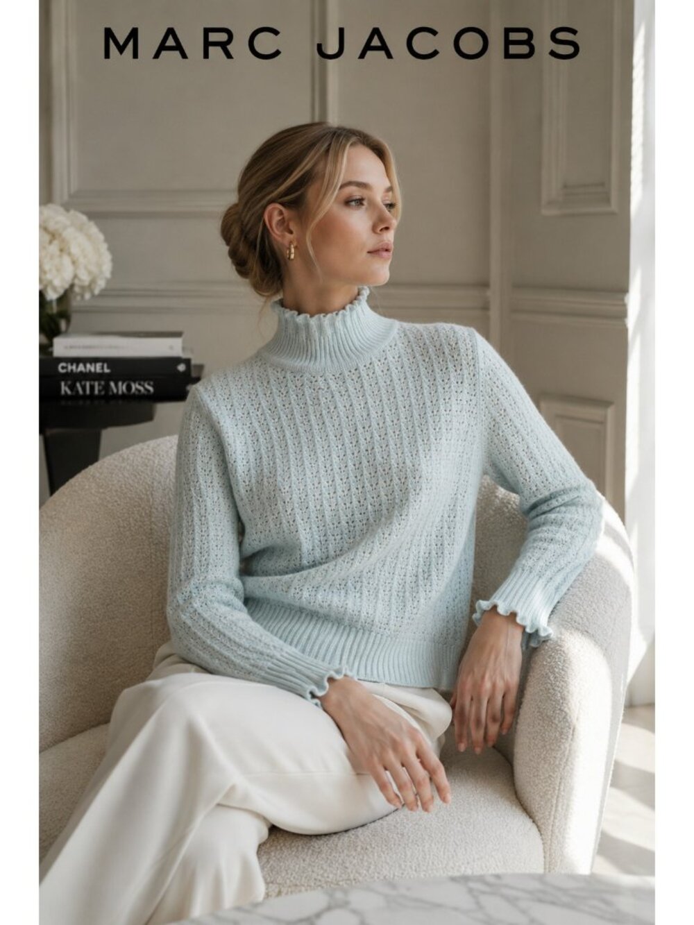 Marc Jacobs 100% Cashmere Pale Green Ruffle Turtleneck Sweater Women's XS Soft
